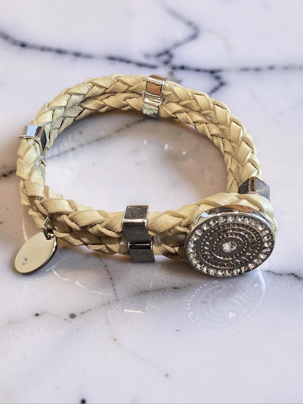 Henri Bendel Braided Leather Bracelet & Rhinestone Crystal Charm